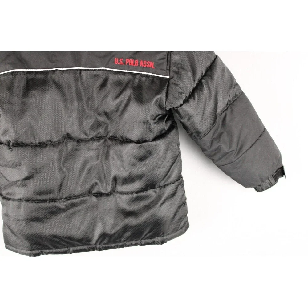U.S. Polo Assn Puffer Jacket Black Logo Sleeve Hood Zip Pockets Lined Size 5/6